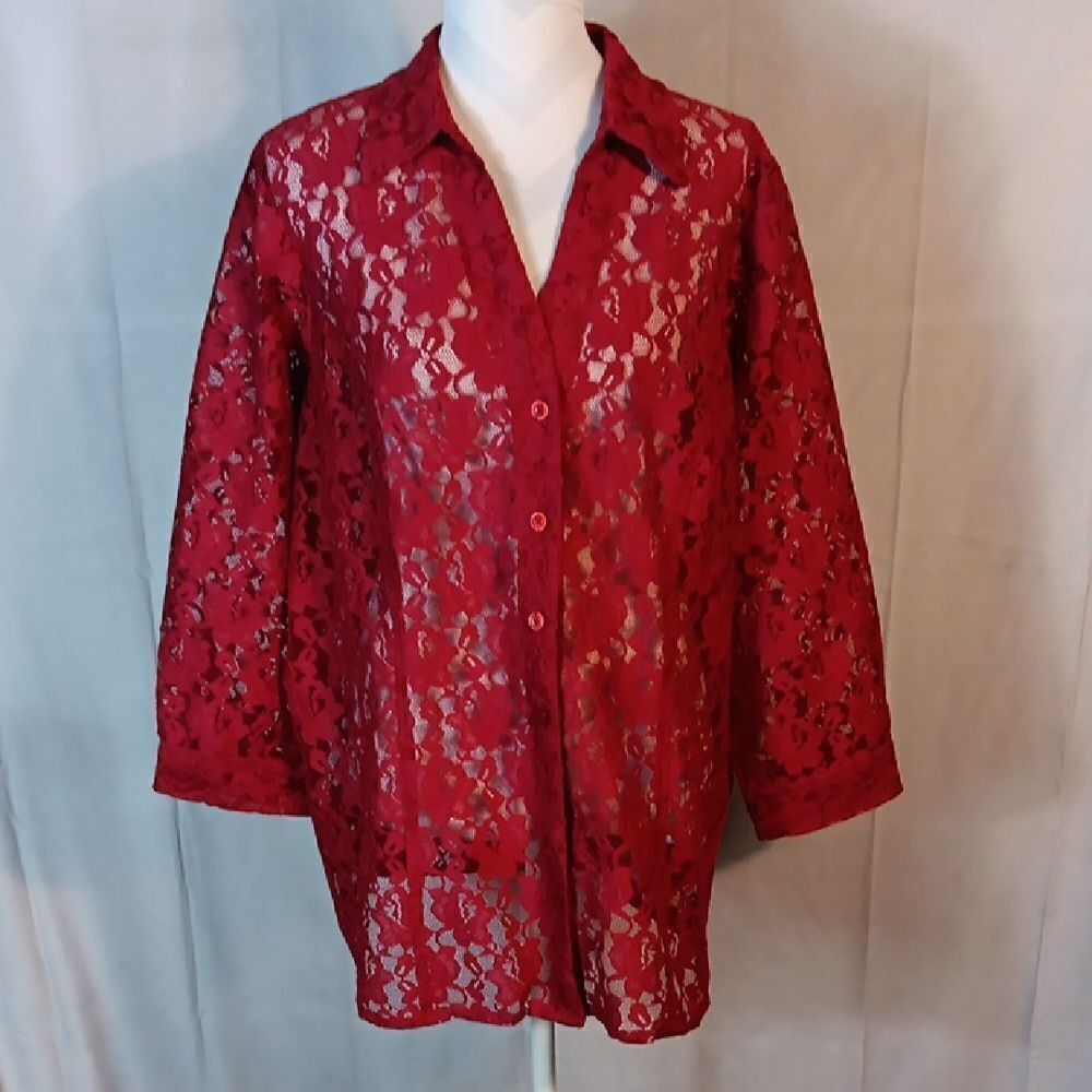 Denim 24/7 Chic Red Lace Button-Up Blouse